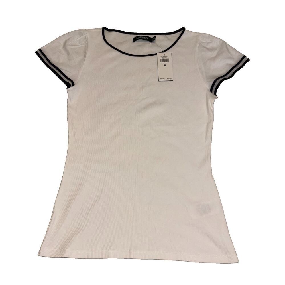 NWT Ralph Lauren Woman’s M LRL Cotton Jersey White T-Shirt Crew Neck Ribbed